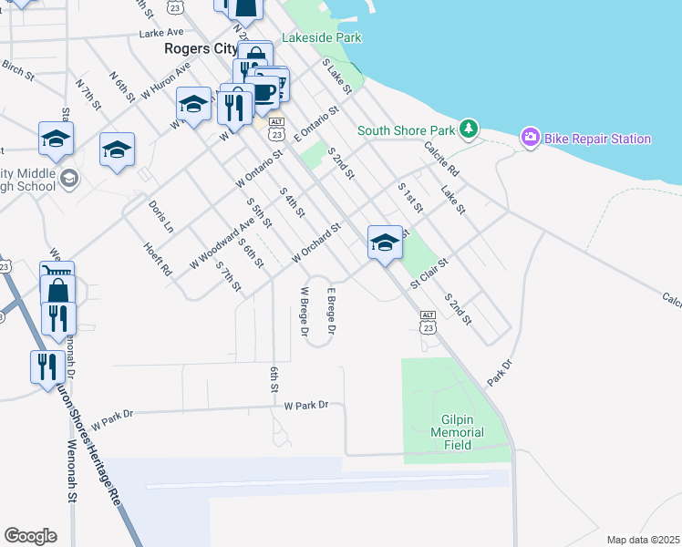 map of restaurants, bars, coffee shops, grocery stores, and more near 500-516 East Brege Drive in Rogers City