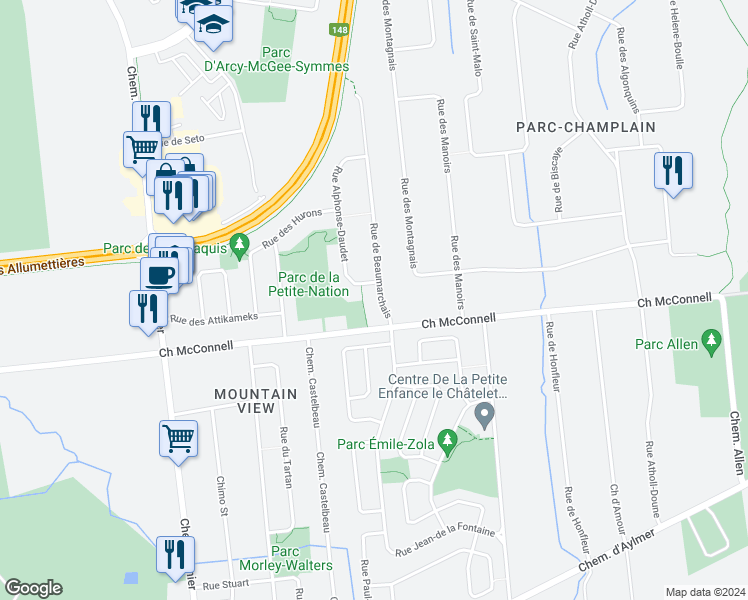 map of restaurants, bars, coffee shops, grocery stores, and more near 18 Rue de Beaumarchais in Gatineau