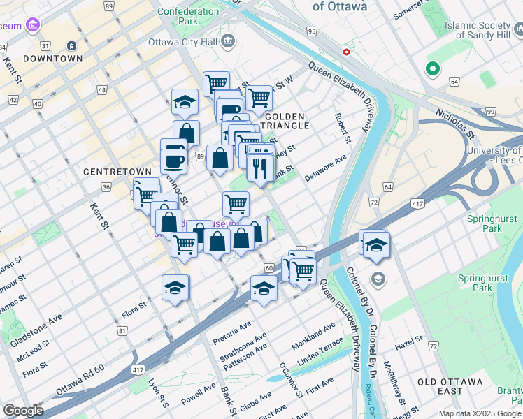 map of restaurants, bars, coffee shops, grocery stores, and more near in Ottawa
