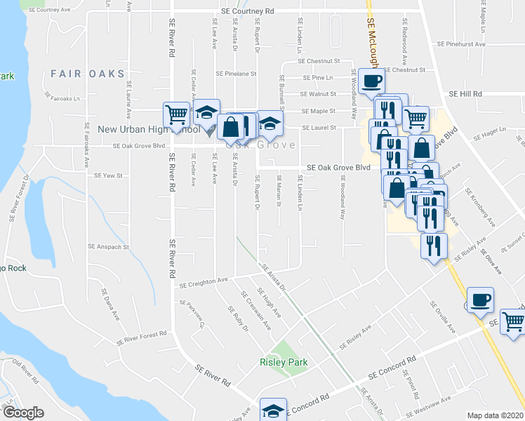 map of restaurants, bars, coffee shops, grocery stores, and more near 15088 Southeast Rupert Drive in Milwaukie