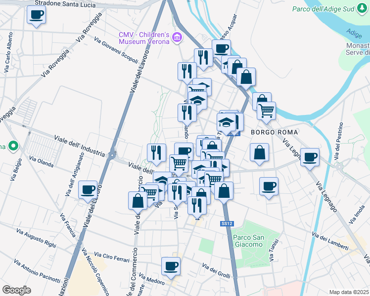 map of restaurants, bars, coffee shops, grocery stores, and more near 126a Via Scuderlando in Verona