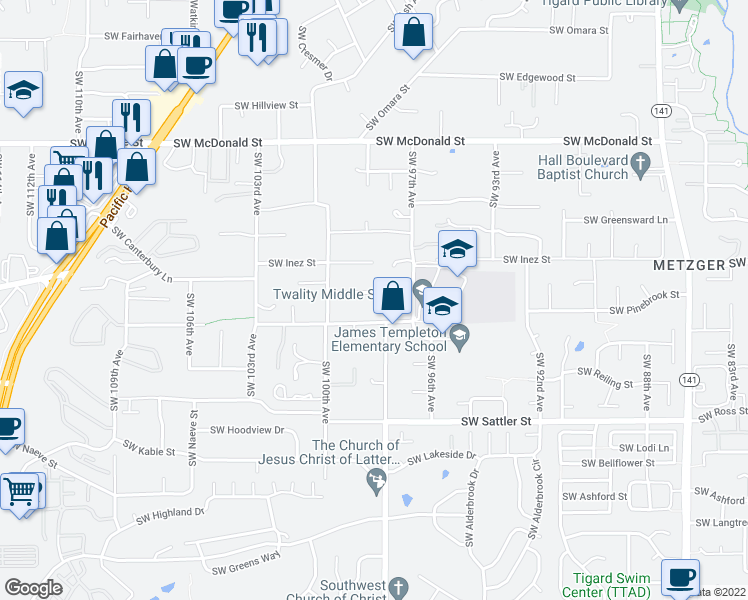 map of restaurants, bars, coffee shops, grocery stores, and more near 9850 Southwest Pembrook Street in Tigard