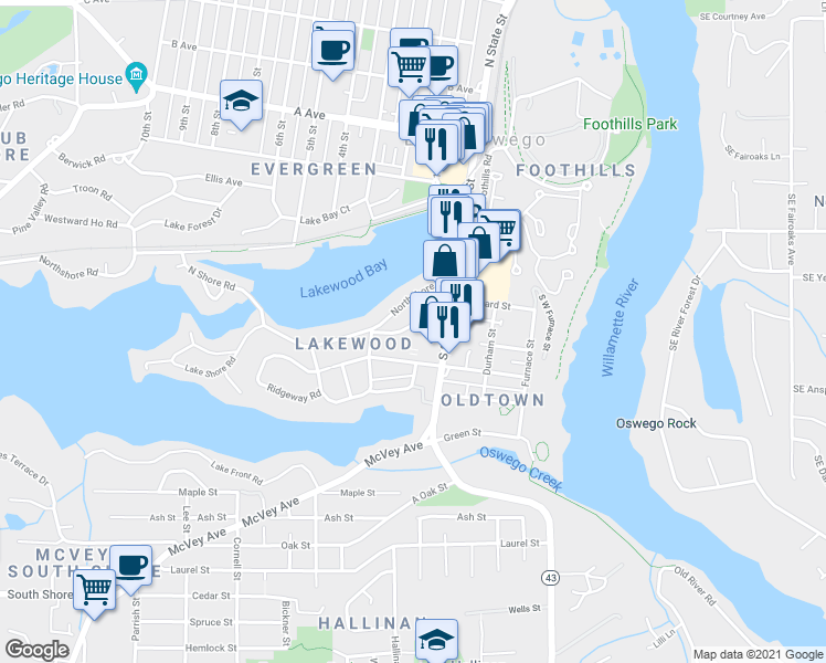 map of restaurants, bars, coffee shops, grocery stores, and more near 220 Greenwood Road in Lake Oswego