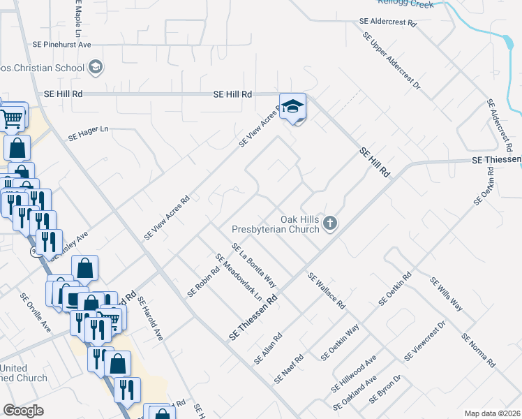 map of restaurants, bars, coffee shops, grocery stores, and more near 15158 Southeast La Marquita Way in Milwaukie