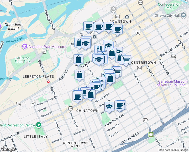 map of restaurants, bars, coffee shops, grocery stores, and more near 59 Percy Street in Ottawa