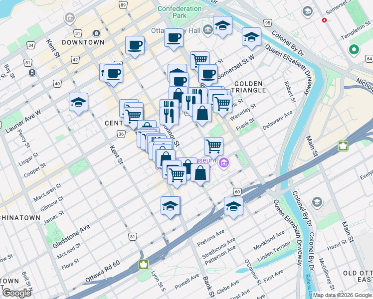 map of restaurants, bars, coffee shops, grocery stores, and more near 322 Waverley Street in Ottawa