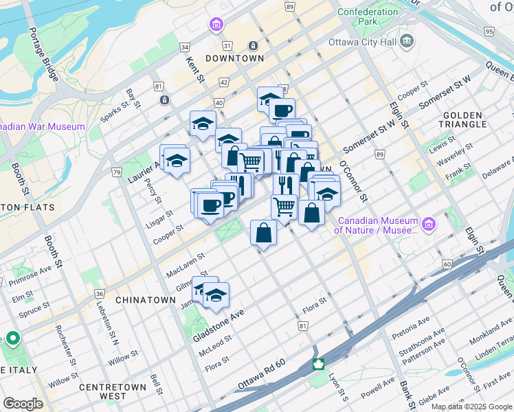 map of restaurants, bars, coffee shops, grocery stores, and more near in Ottawa