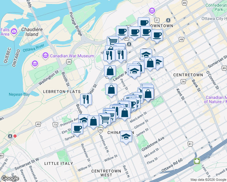 map of restaurants, bars, coffee shops, grocery stores, and more near 192 Bronson Avenue in Ottawa