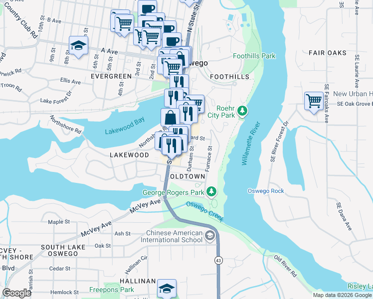 map of restaurants, bars, coffee shops, grocery stores, and more near 212 Durham Street in Lake Oswego