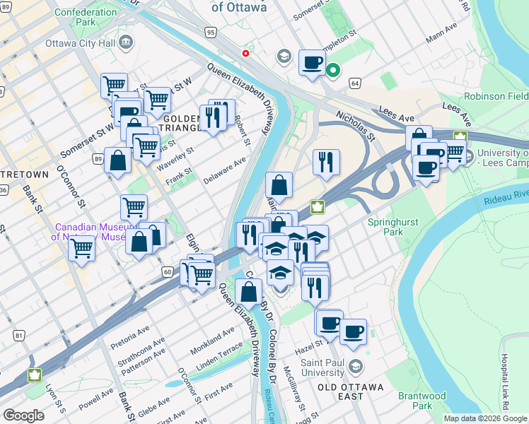 map of restaurants, bars, coffee shops, grocery stores, and more near in Ottawa
