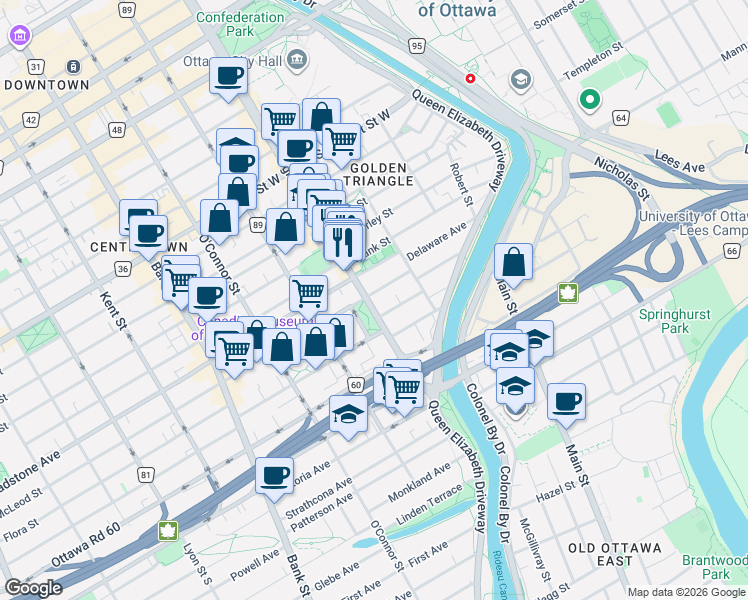 map of restaurants, bars, coffee shops, grocery stores, and more near in Ottawa
