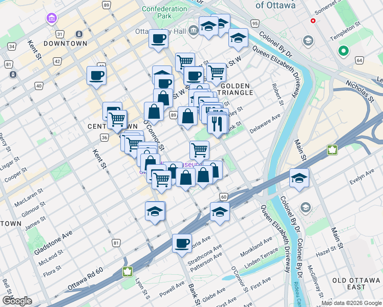 map of restaurants, bars, coffee shops, grocery stores, and more near 330 Metcalfe Street in Ottawa