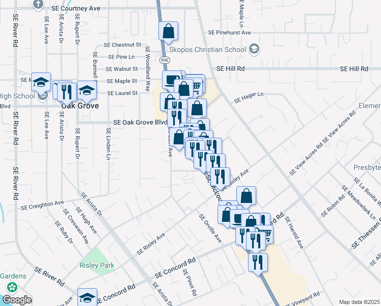 map of restaurants, bars, coffee shops, grocery stores, and more near 15115 Southeast McLoughlin Boulevard in Milwaukie