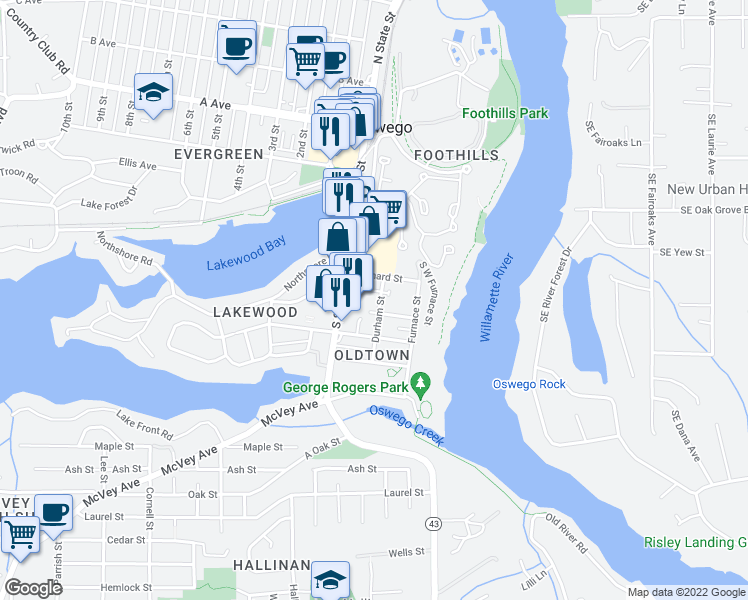 map of restaurants, bars, coffee shops, grocery stores, and more near 212 Durham Street in Lake Oswego