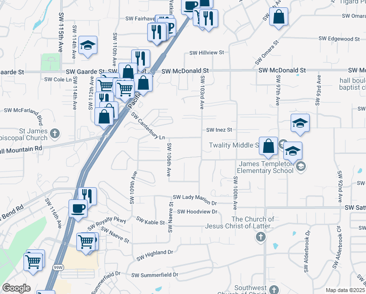 map of restaurants, bars, coffee shops, grocery stores, and more near 10310 Southwest Canterbury Lane in Tigard