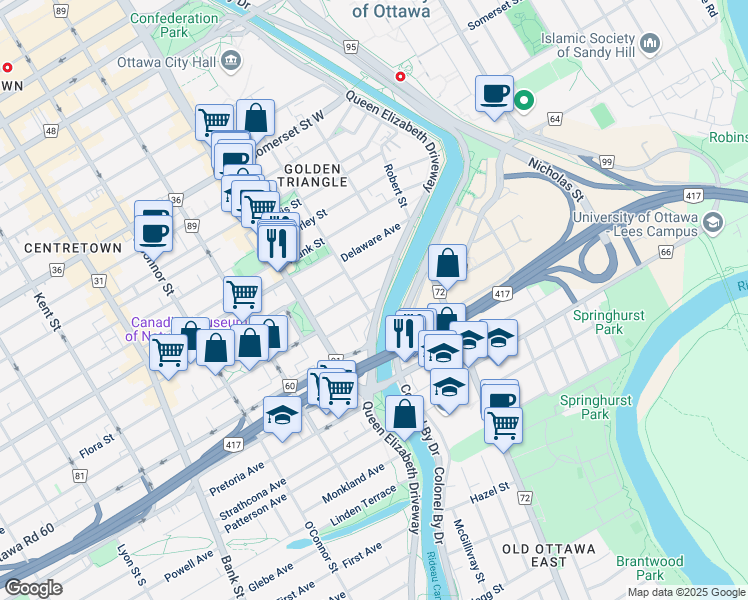 map of restaurants, bars, coffee shops, grocery stores, and more near 130 Queen Elizabeth Driveway in Ottawa
