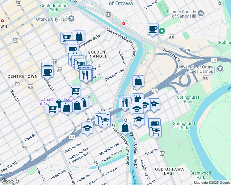 map of restaurants, bars, coffee shops, grocery stores, and more near 130 Queen Elizabeth Drive in Ottawa