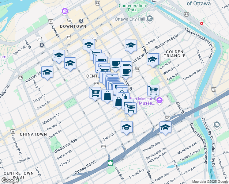 map of restaurants, bars, coffee shops, grocery stores, and more near in Ottawa