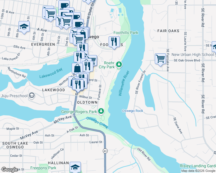 map of restaurants, bars, coffee shops, grocery stores, and more near 127 Furnace Street in Lake Oswego