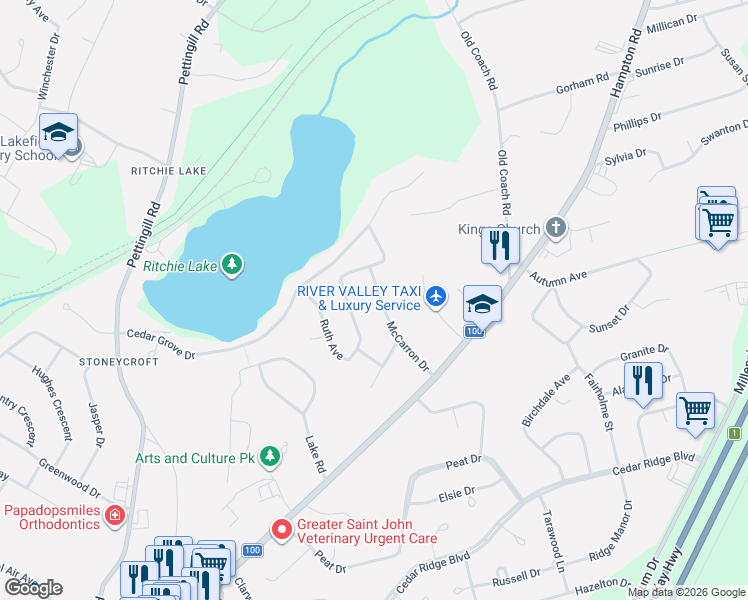 map of restaurants, bars, coffee shops, grocery stores, and more near 21 McCarron Drive in Quispamsis