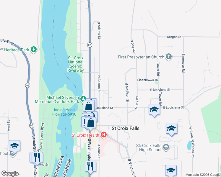 map of restaurants, bars, coffee shops, grocery stores, and more near 305 East Maryland Street in Saint Croix Falls