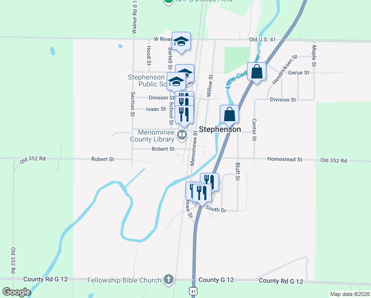 map of restaurants, bars, coffee shops, grocery stores, and more near 600 Robert Street in Stephenson