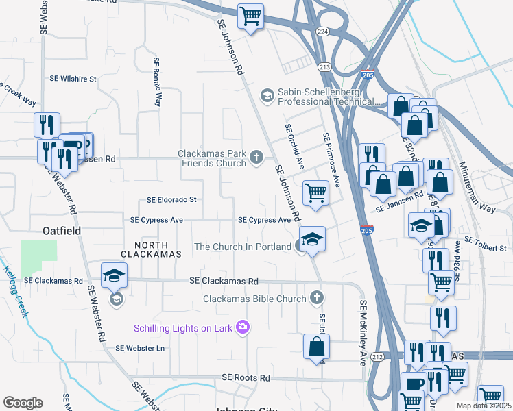 map of restaurants, bars, coffee shops, grocery stores, and more near 8141 Southeast Mindemere Park in Portland