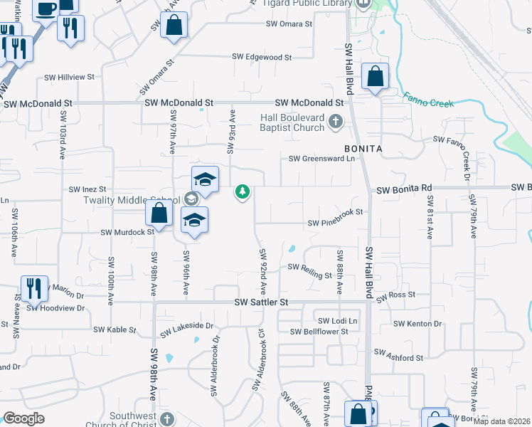 map of restaurants, bars, coffee shops, grocery stores, and more near 14655 Southwest 91st Avenue in Tigard