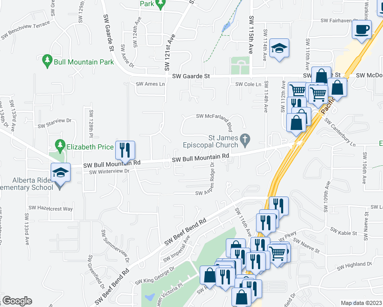 map of restaurants, bars, coffee shops, grocery stores, and more near 11949 Southwest Bull Mountain Road in Tigard