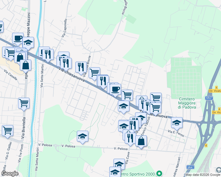 map of restaurants, bars, coffee shops, grocery stores, and more near 8 Via Andrea Maria Ampere in Padova