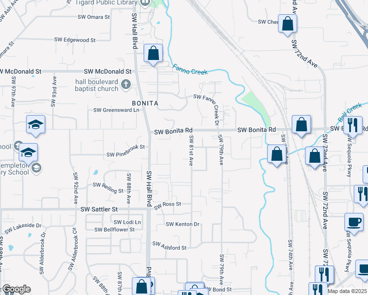 map of restaurants, bars, coffee shops, grocery stores, and more near 14635 Southwest 81st Avenue in Tigard