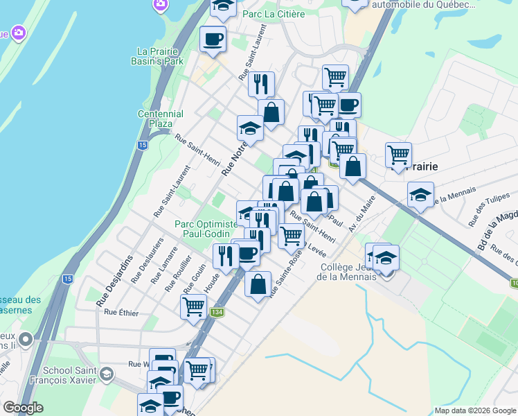 map of restaurants, bars, coffee shops, grocery stores, and more near 435 Rue de la Levée in La Prairie