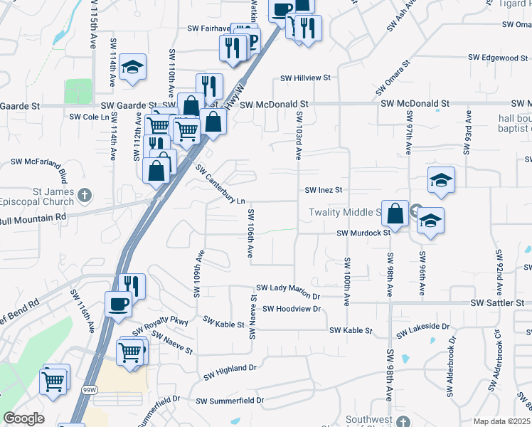 map of restaurants, bars, coffee shops, grocery stores, and more near 10310 Southwest Canterbury Lane in Tigard