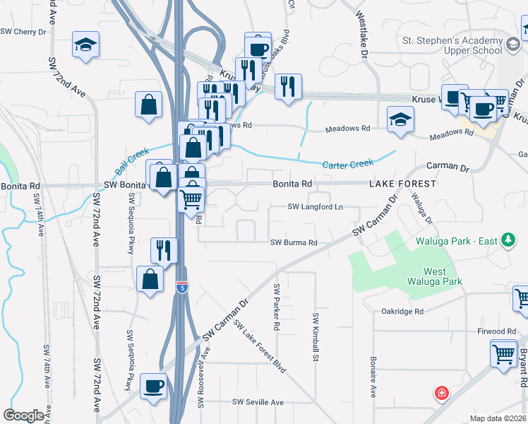 map of restaurants, bars, coffee shops, grocery stores, and more near 15481 Southwest Tanager Drive in Lake Oswego