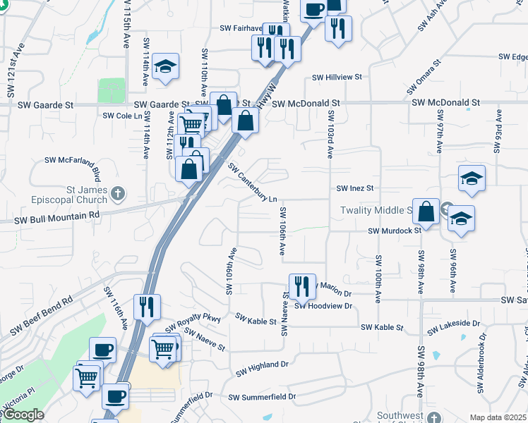 map of restaurants, bars, coffee shops, grocery stores, and more near 10635 Southwest Murdock Lane in Tigard