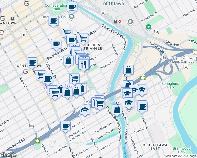 map of restaurants, bars, coffee shops, grocery stores, and more near in Ottawa