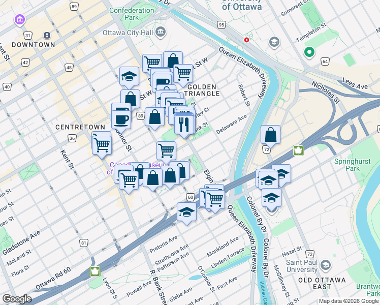 map of restaurants, bars, coffee shops, grocery stores, and more near in Ottawa
