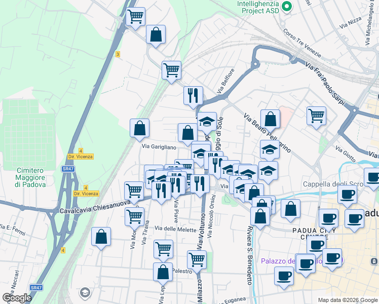 map of restaurants, bars, coffee shops, grocery stores, and more near 9 Via Garigliano in Padova