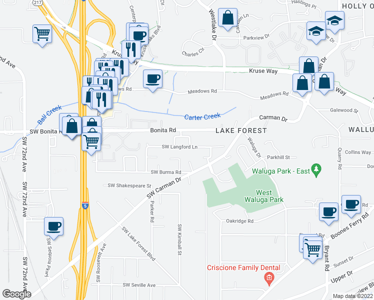 map of restaurants, bars, coffee shops, grocery stores, and more near 5650 Langford Lane in Lake Oswego