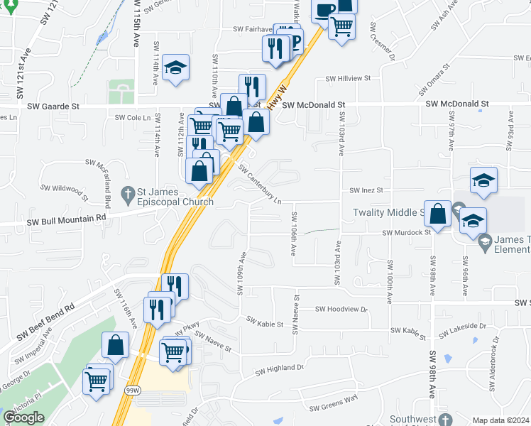 map of restaurants, bars, coffee shops, grocery stores, and more near 10655 Southwest Murdock Lane in Portland