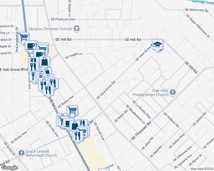 map of restaurants, bars, coffee shops, grocery stores, and more near 4107 Southeast View Acres Road in Milwaukie