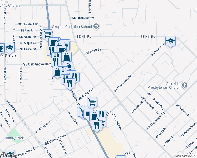 map of restaurants, bars, coffee shops, grocery stores, and more near 15007 Southeast Oatfield Road in Milwaukie