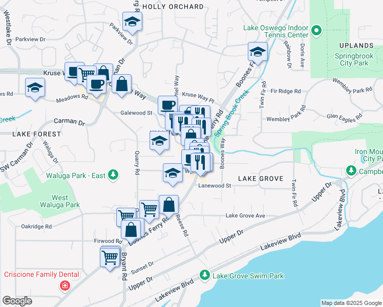 map of restaurants, bars, coffee shops, grocery stores, and more near 3970 Mercantile Drive in Lake Oswego