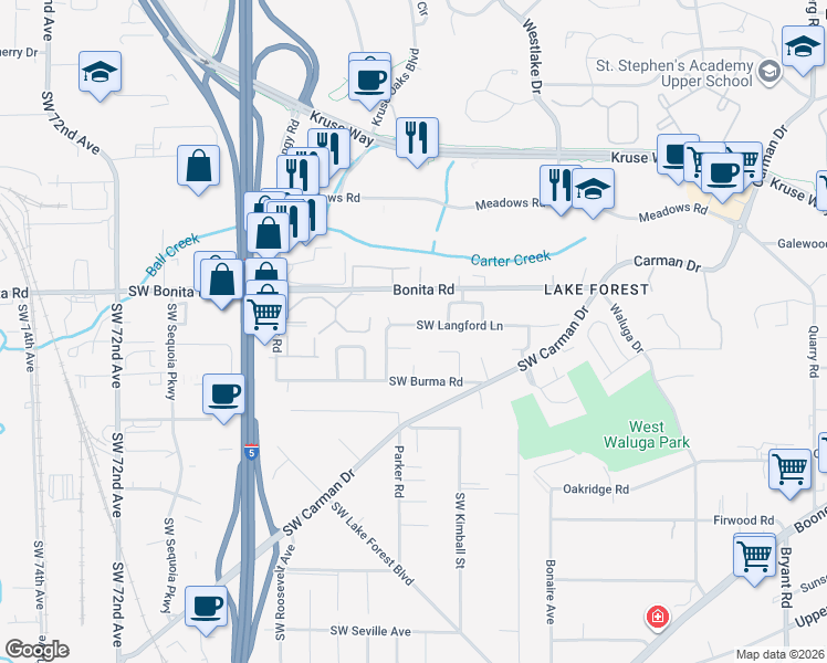 map of restaurants, bars, coffee shops, grocery stores, and more near 5888 Southwest Langford Lane in Lake Oswego