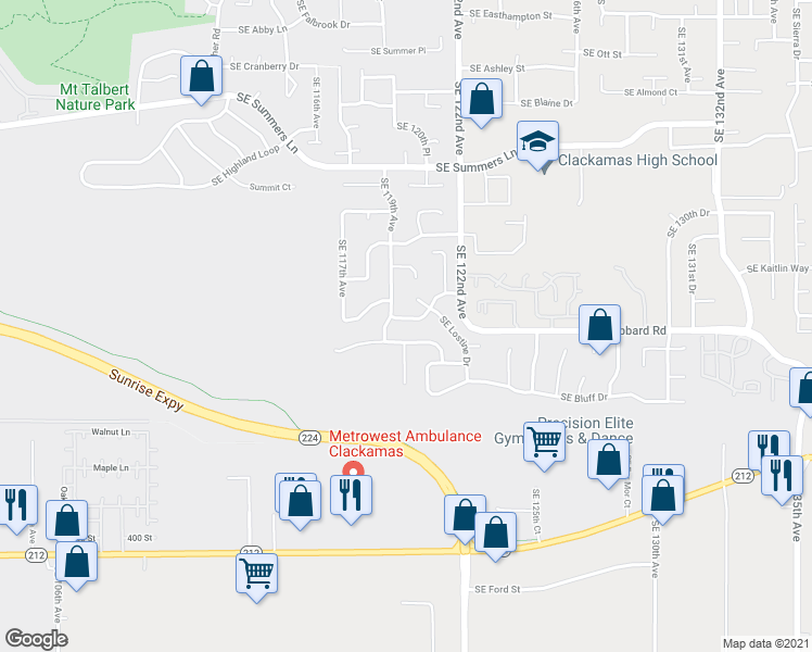 map of restaurants, bars, coffee shops, grocery stores, and more near 11996 Southeast Grand Vista Drive in Clackamas