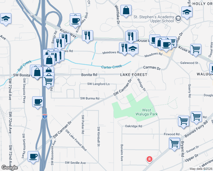 map of restaurants, bars, coffee shops, grocery stores, and more near 5524 Langford Lane in Lake Oswego