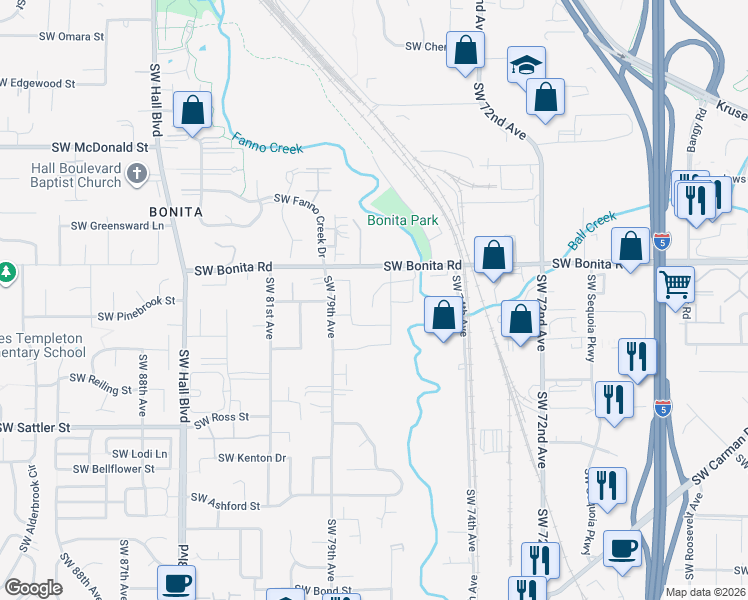 map of restaurants, bars, coffee shops, grocery stores, and more near 14655 Southwest 76th Avenue in Tigard
