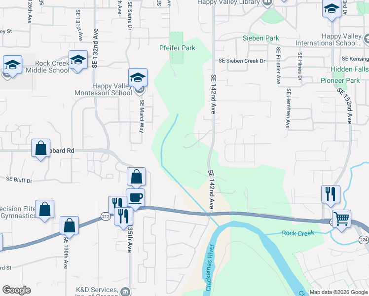 map of restaurants, bars, coffee shops, grocery stores, and more near 14167 Southeast Iseli Lane in Clackamas County