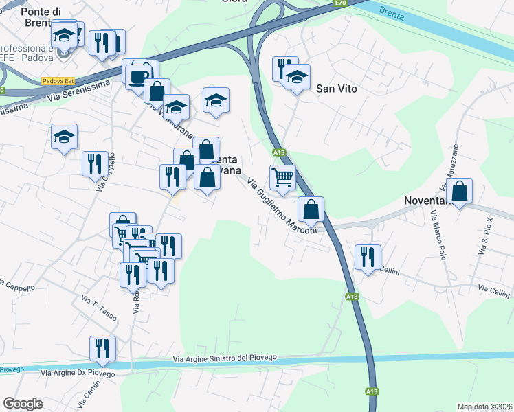map of restaurants, bars, coffee shops, grocery stores, and more near 4 Via Guglielmo Marconi in Noventana