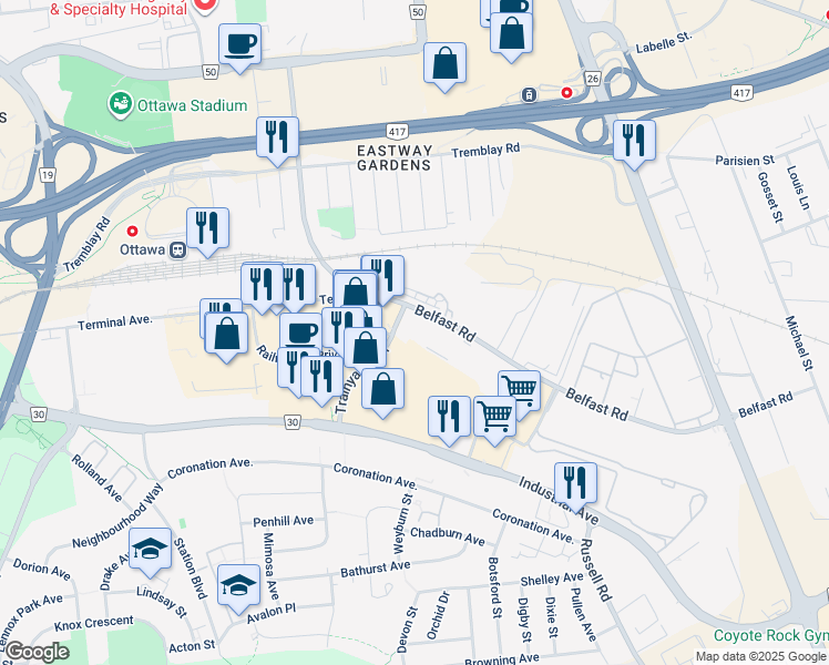 map of restaurants, bars, coffee shops, grocery stores, and more near in Ottawa